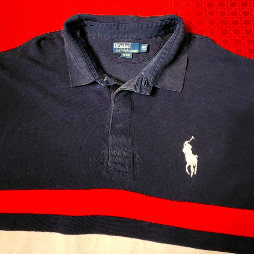 Men's Big and Tall Polo shirt. Size 3XLT. Navy with red and white stripes.